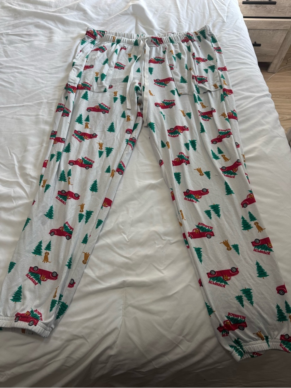 Cozy White Holiday Pajama Pants with Red Truck & Green Tree Print